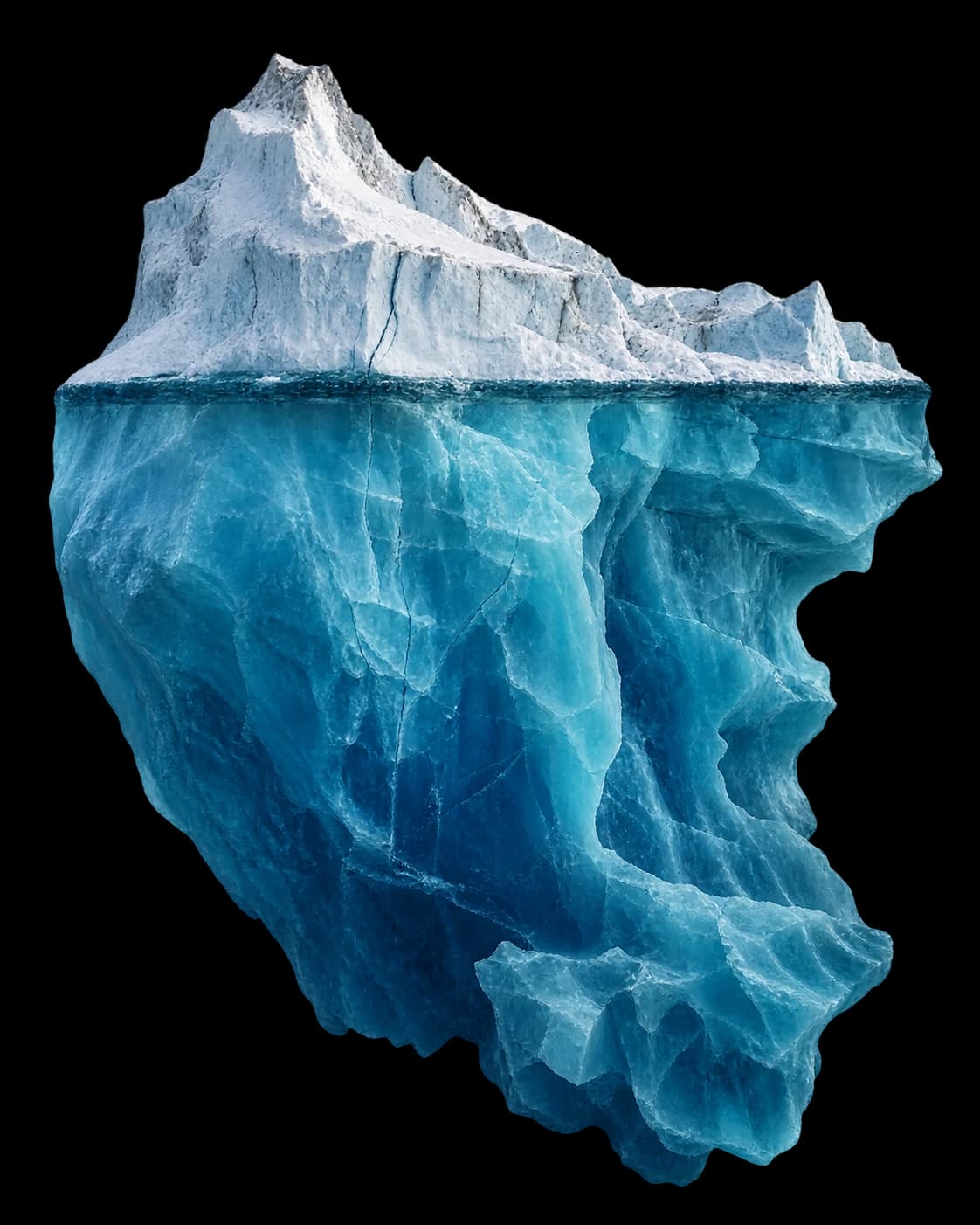 A small visible iceberg peak supported by a much larger foundation beneath the water.